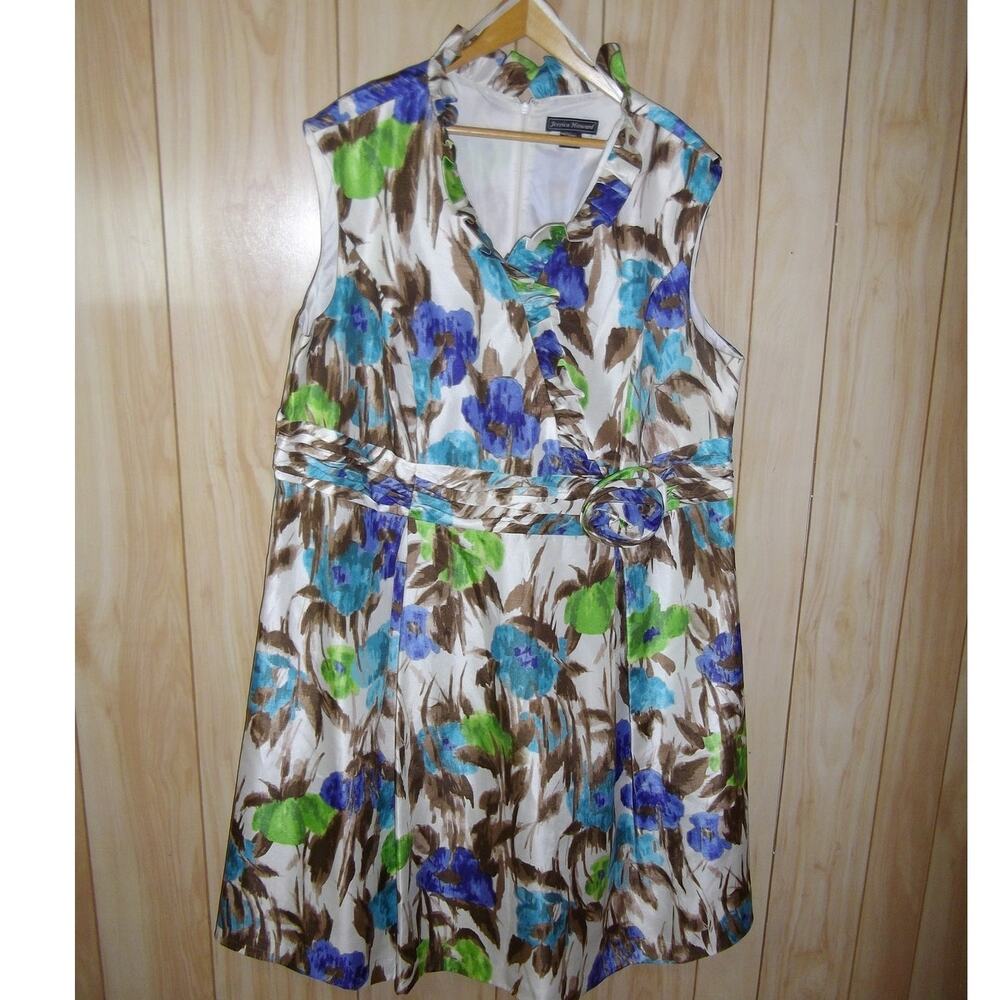 Jessica Howard Shantung Floral Fit Flare Ruffle Dress Blue Green 24W